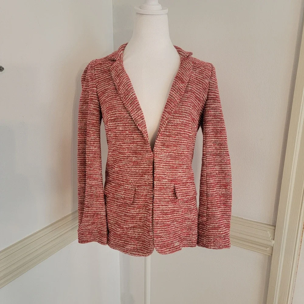 Talbots Petites Textured Knit Blazer Career Office Jacket Red White Women's 6P